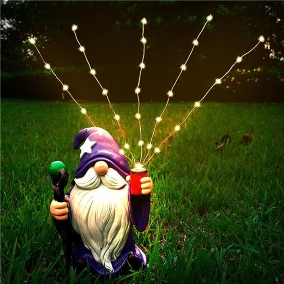 Resin Gnome Statue Outdoor Decor Waterproof Firework Solar LED Lights Gnome - Picture 2 of 7